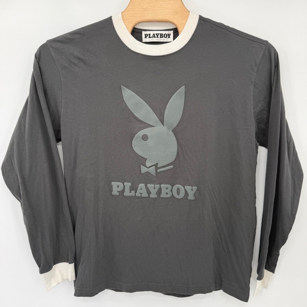 Playboy by PacSun T-Shirt Mens M Gray Long Sleeve Ringer Bunny Logo Puff Print